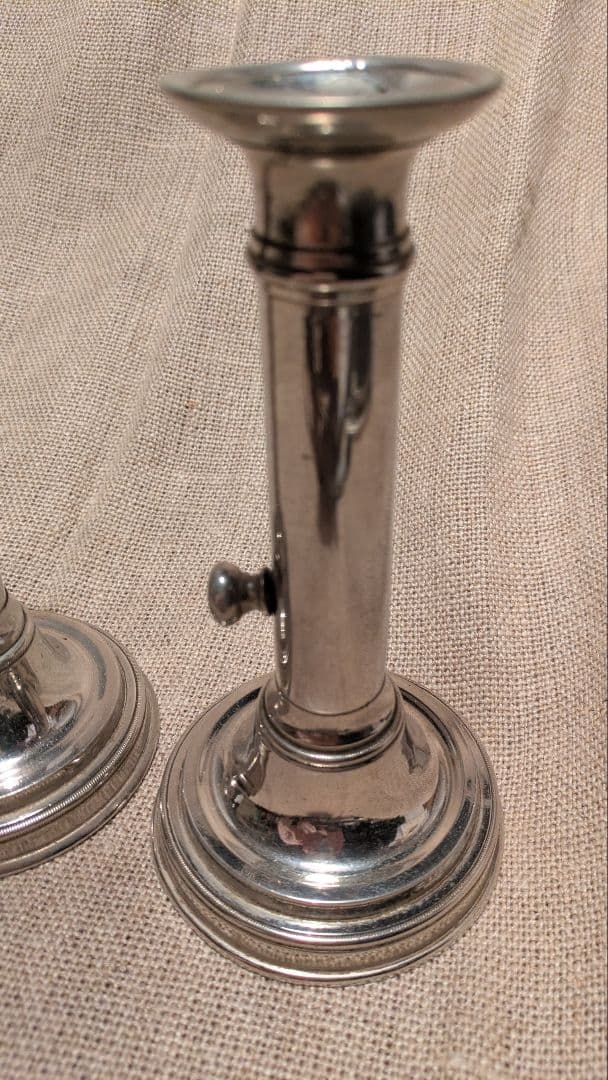【完動良品】フランスアンティーク 高さ調節可能な蝋燭台 レア銀色2個 25-D