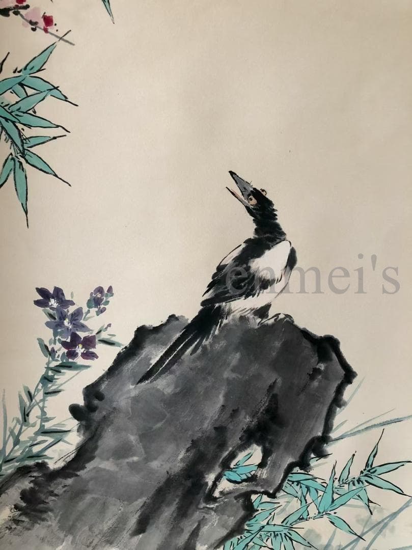 中国古美術・純手描き鳥と花掛軸・水墨画・王雪涛印款・茶道・賞物・珍品画・肉筆