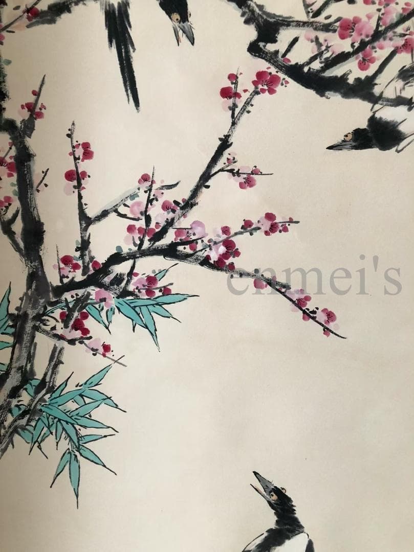 中国古美術・純手描き鳥と花掛軸・水墨画・王雪涛印款・茶道・賞物・珍品画・肉筆