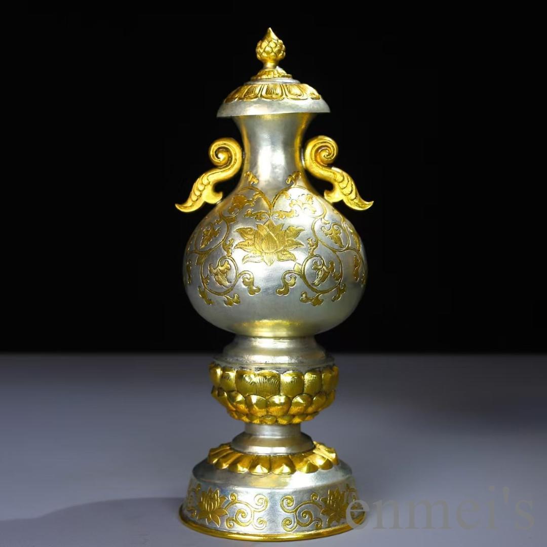 中国古美術 鍍金銅瓶 手彫り 鏨刻 描金 純銅製 花器 床の間飾り古賞物 古擺件