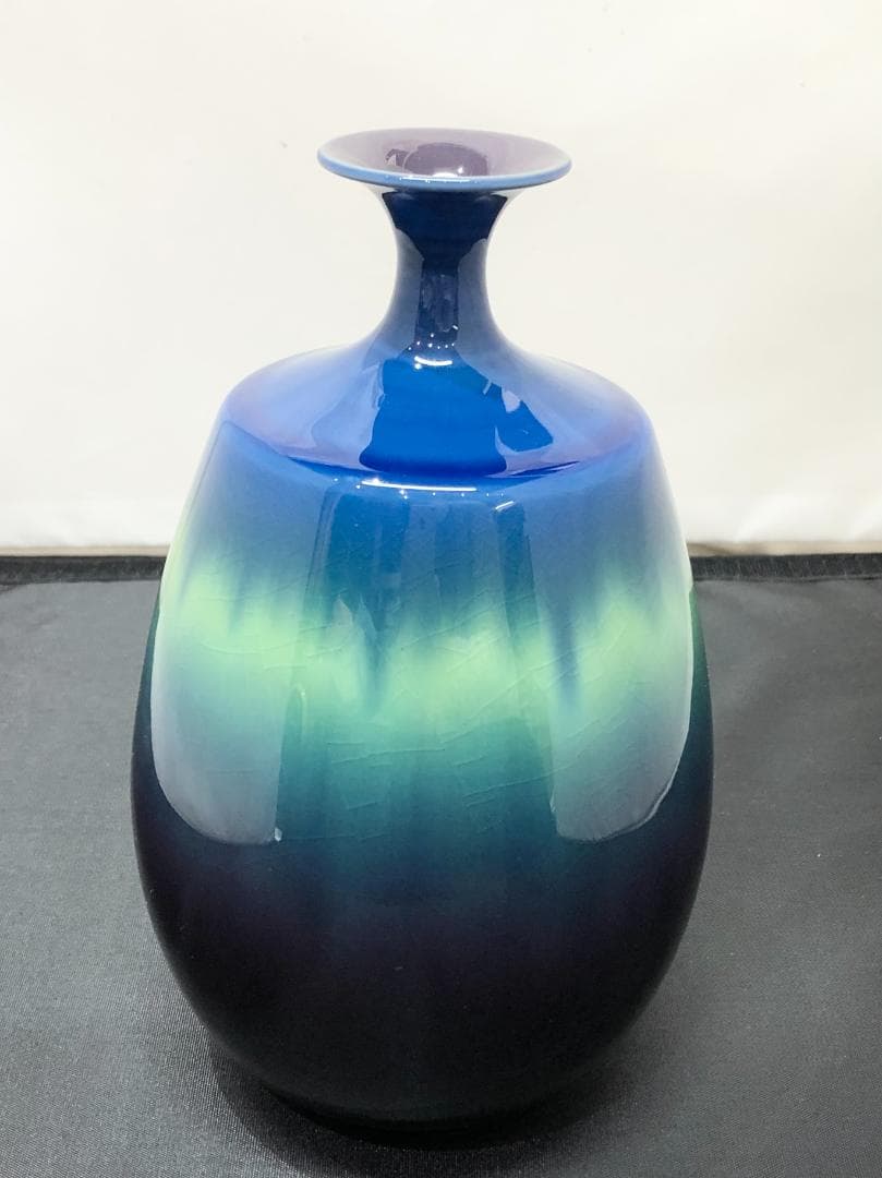 九谷焼 人間国宝 三代 徳田八十吉 壱 正彦 赤銘 碧明耀彩釉 花器 飾壺 共箱