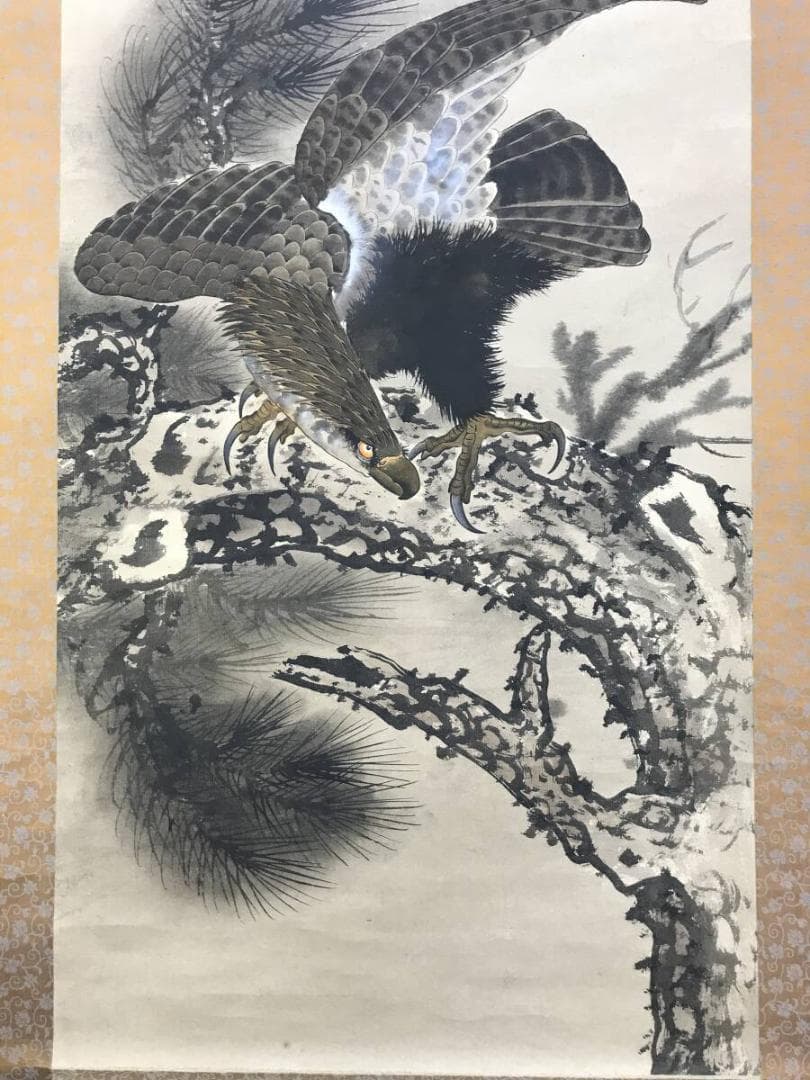 作者不詳/松鷹画賛/マツタカ図/花鳥図/掛軸☆宝船☆AH-536