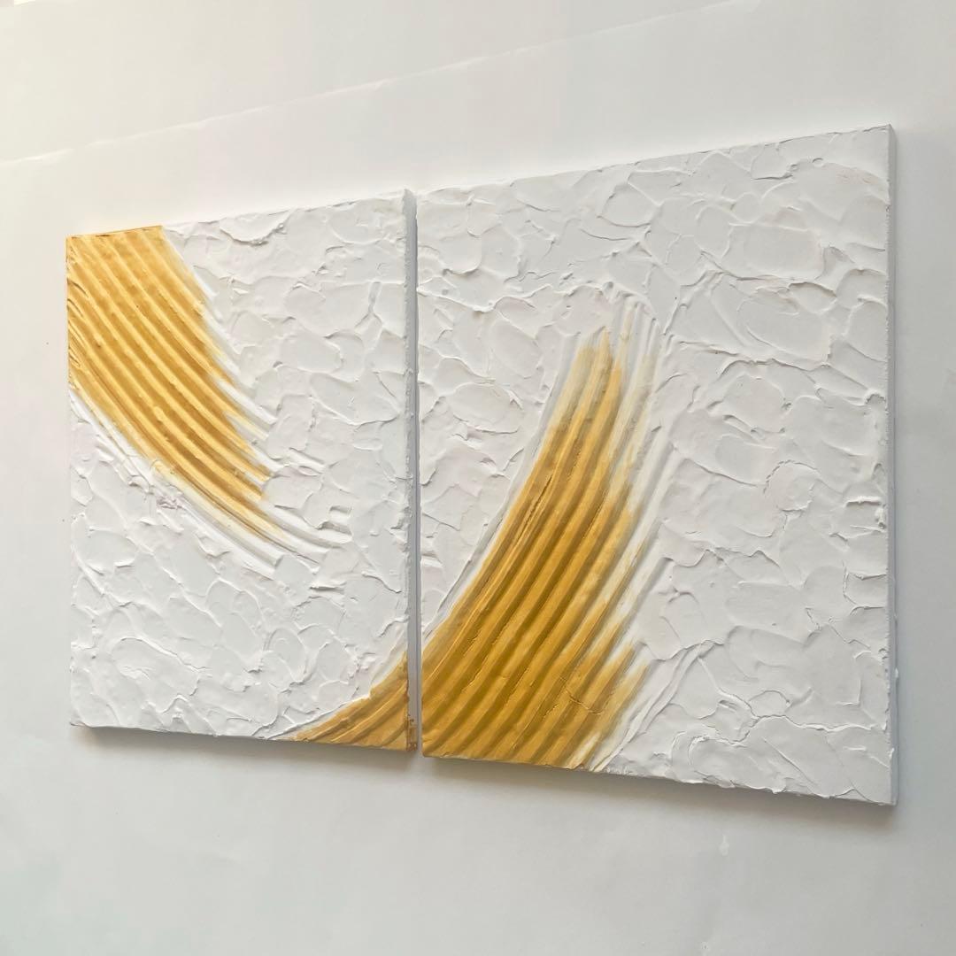 白とゴールドのテクスチャーアート 抽象画/現代アート/モダン/パネル/絵画/金