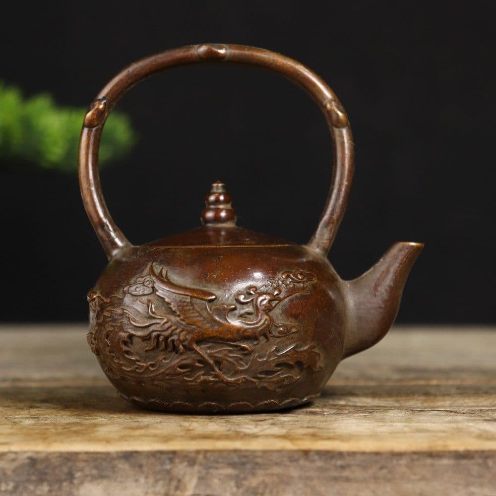 銅 細工 龍鳳提梁壺 茶壺 酒壺 茶道具 工芸品 美術品 置物