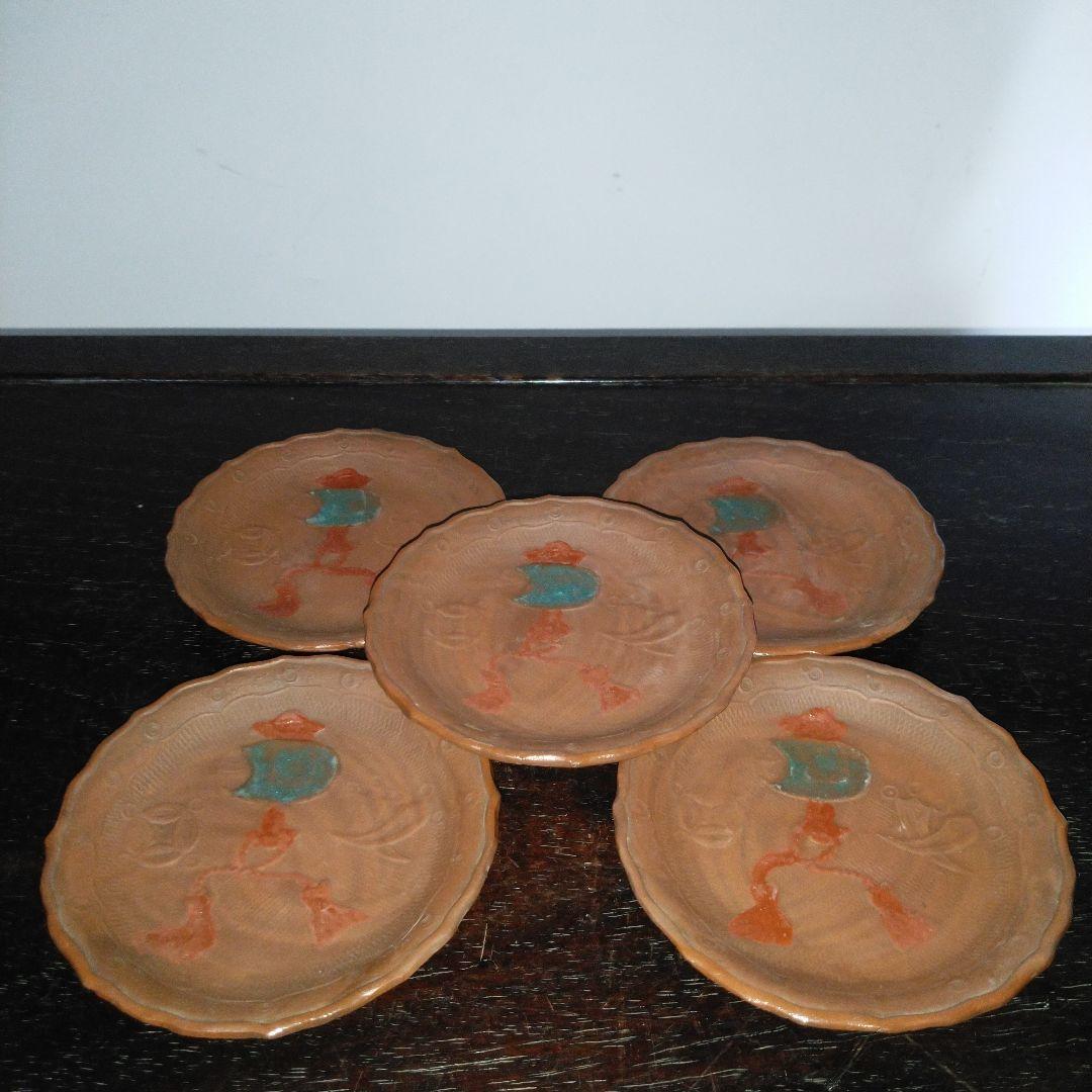 NO639 備前焼　煎餅皿　絵備前　古備前　宝尽くし文様　幕末～明治　5枚組