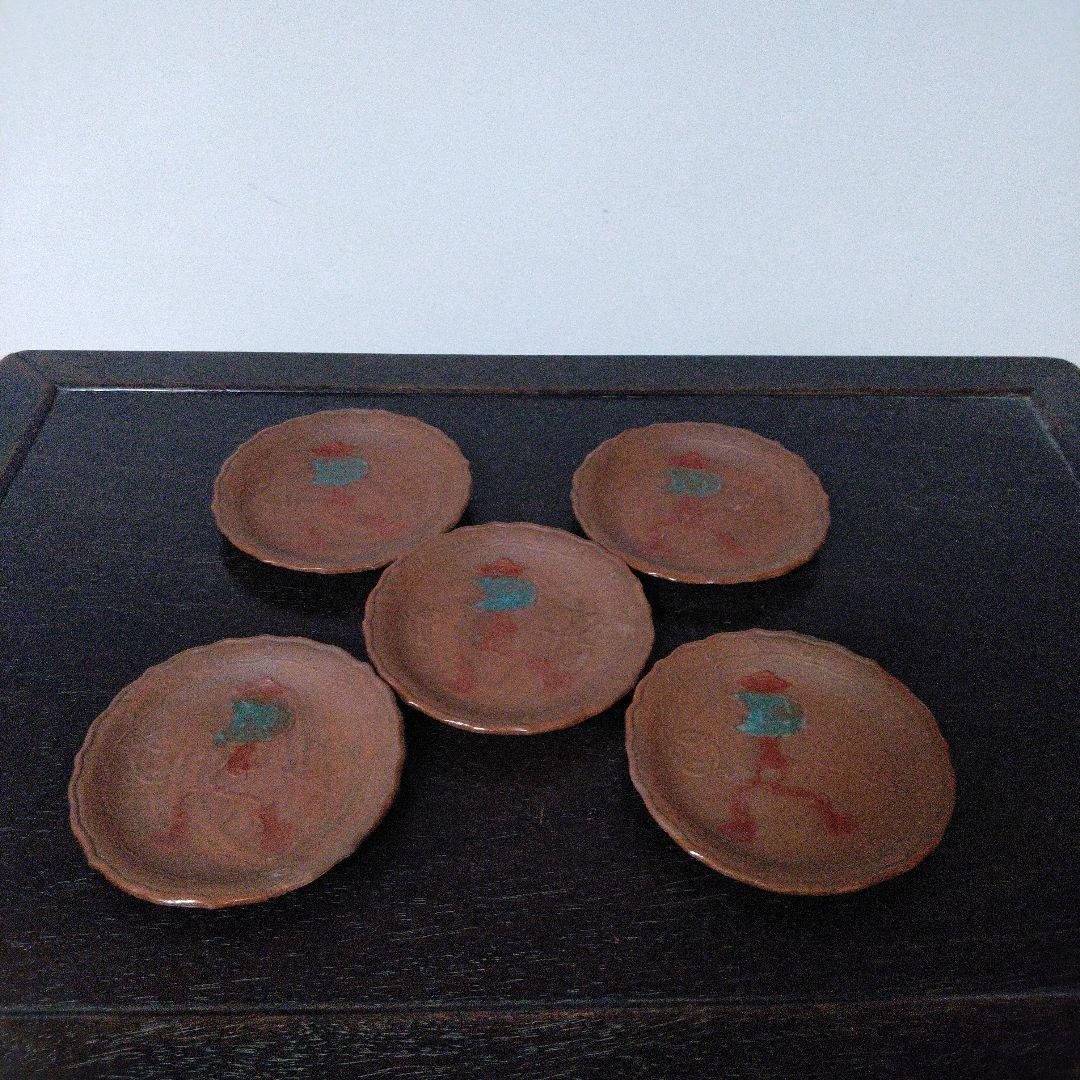 NO639 備前焼　煎餅皿　絵備前　古備前　宝尽くし文様　幕末～明治　5枚組