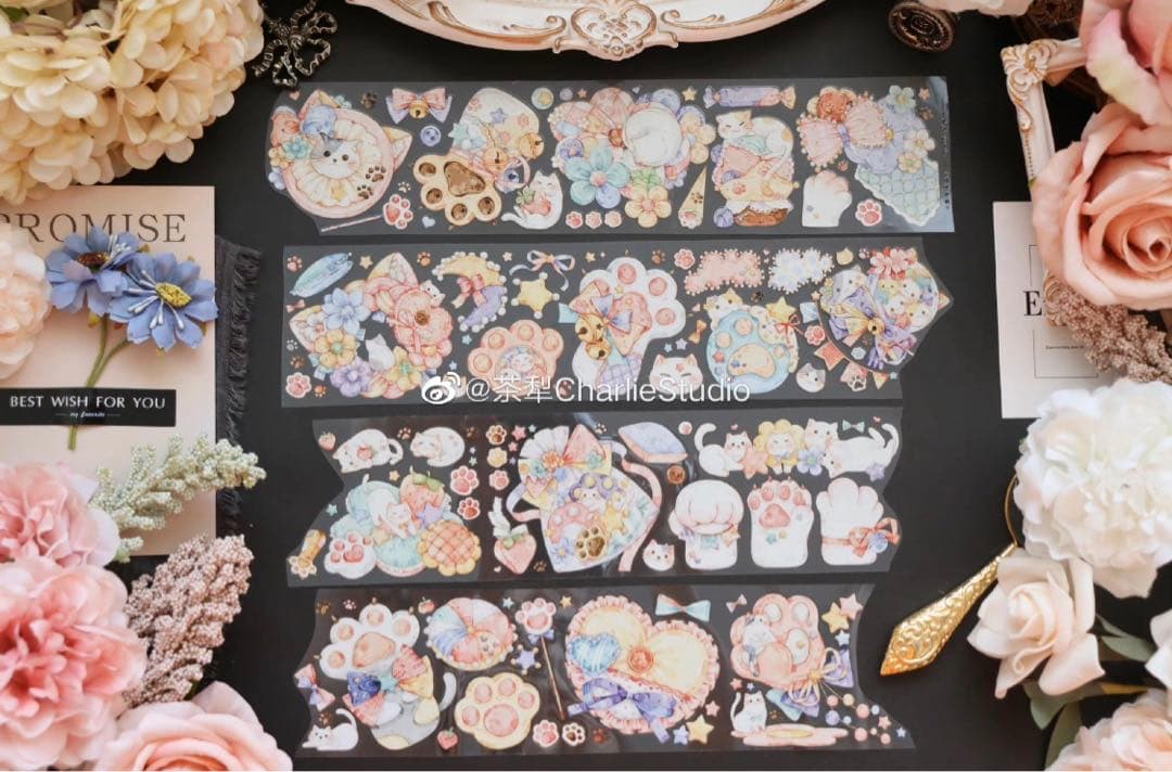 M1140.茶犁 猫咪抱枕 マスキングテープ 水晶PET