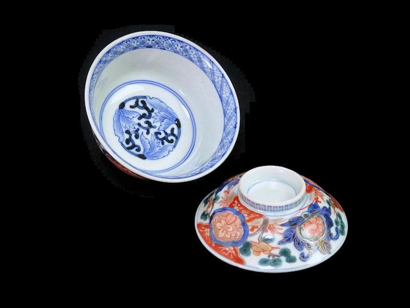 古伊万里　金襴手　窓絵　花鳥紋の図　蓋茶碗　５客　C884AS-CEv