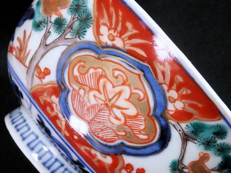 古伊万里　金襴手　窓絵　花鳥紋の図　蓋茶碗　５客　C884AS-CEv