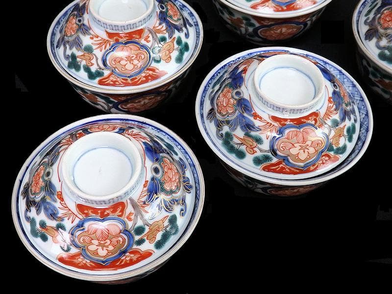 古伊万里　金襴手　窓絵　花鳥紋の図　蓋茶碗　５客　C884AS-CEv