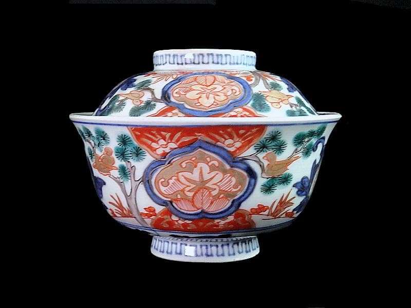 古伊万里　金襴手　窓絵　花鳥紋の図　蓋茶碗　５客　C884AS-CEv