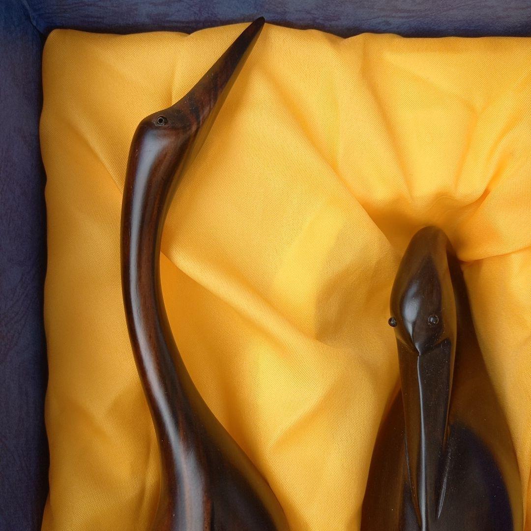 雙鶴呈祥　木製つるの彫刻　 2点セット