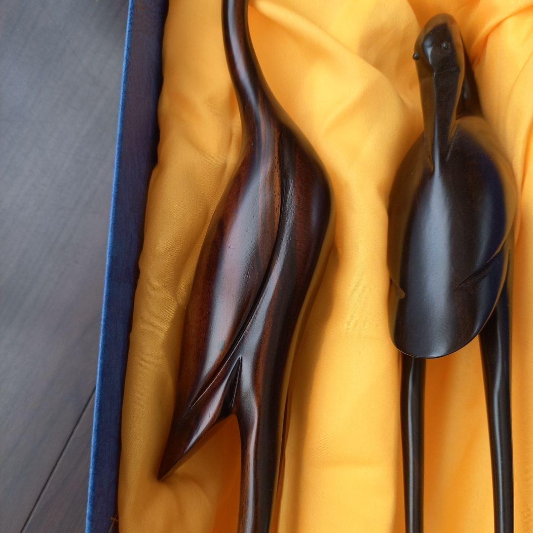 雙鶴呈祥　木製つるの彫刻　 2点セット