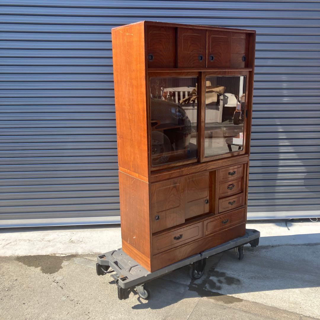 昭和レトロ 欅材 茶箪笥 ガラス扉 サイドボード 古家具 古民家 ビンテージ