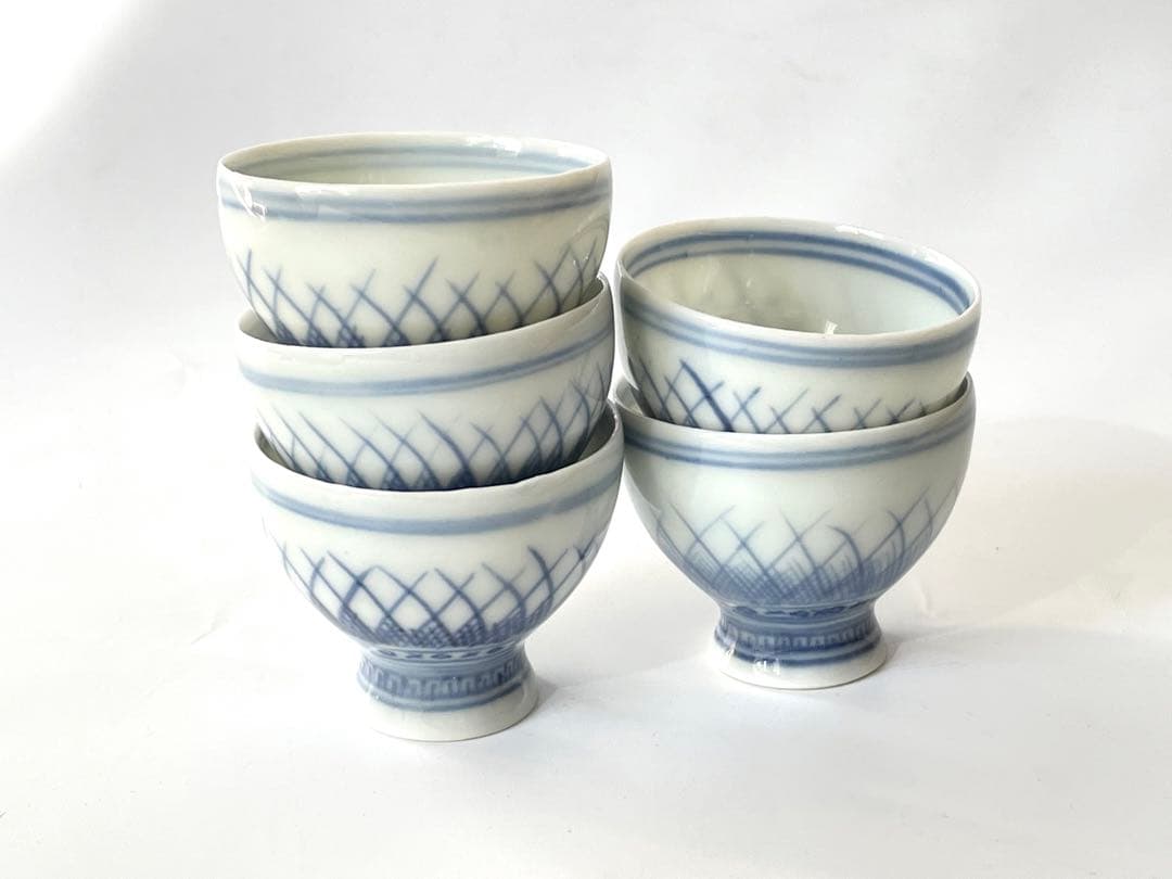 骨董　染付　草文様　盃　杯　猪口　5点　煎茶碗　煎茶道具　染付磁器