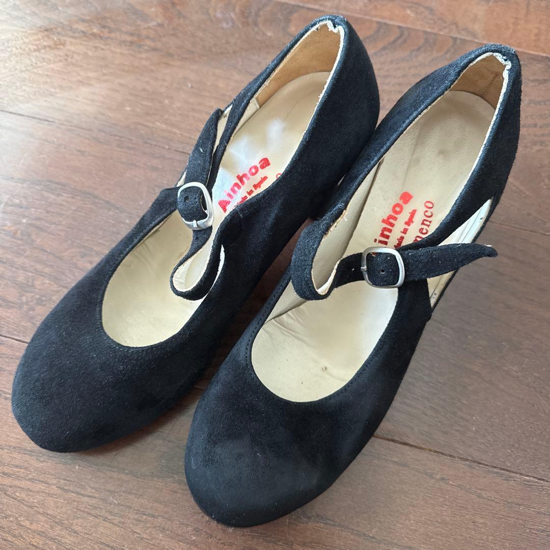フラメンコシューズ ブラック スエード 中ヒール38.5