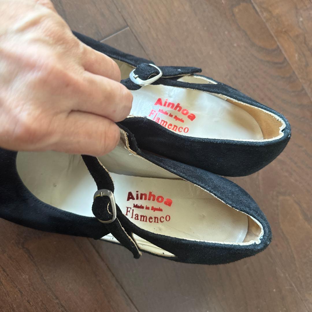 フラメンコシューズ ブラック スエード 中ヒール38.5