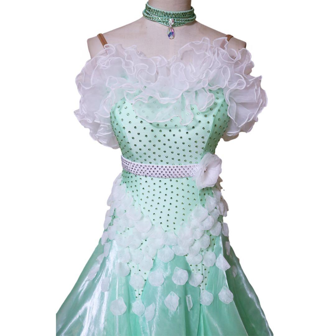 【新品】社交ダンススタンダードドレス/ミントグリーン系&白フリル