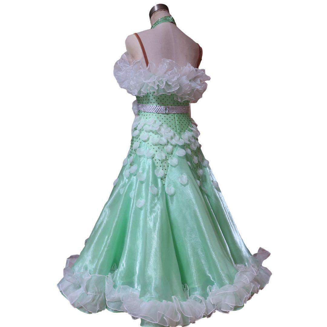 【新品】社交ダンススタンダードドレス/ミントグリーン系&白フリル