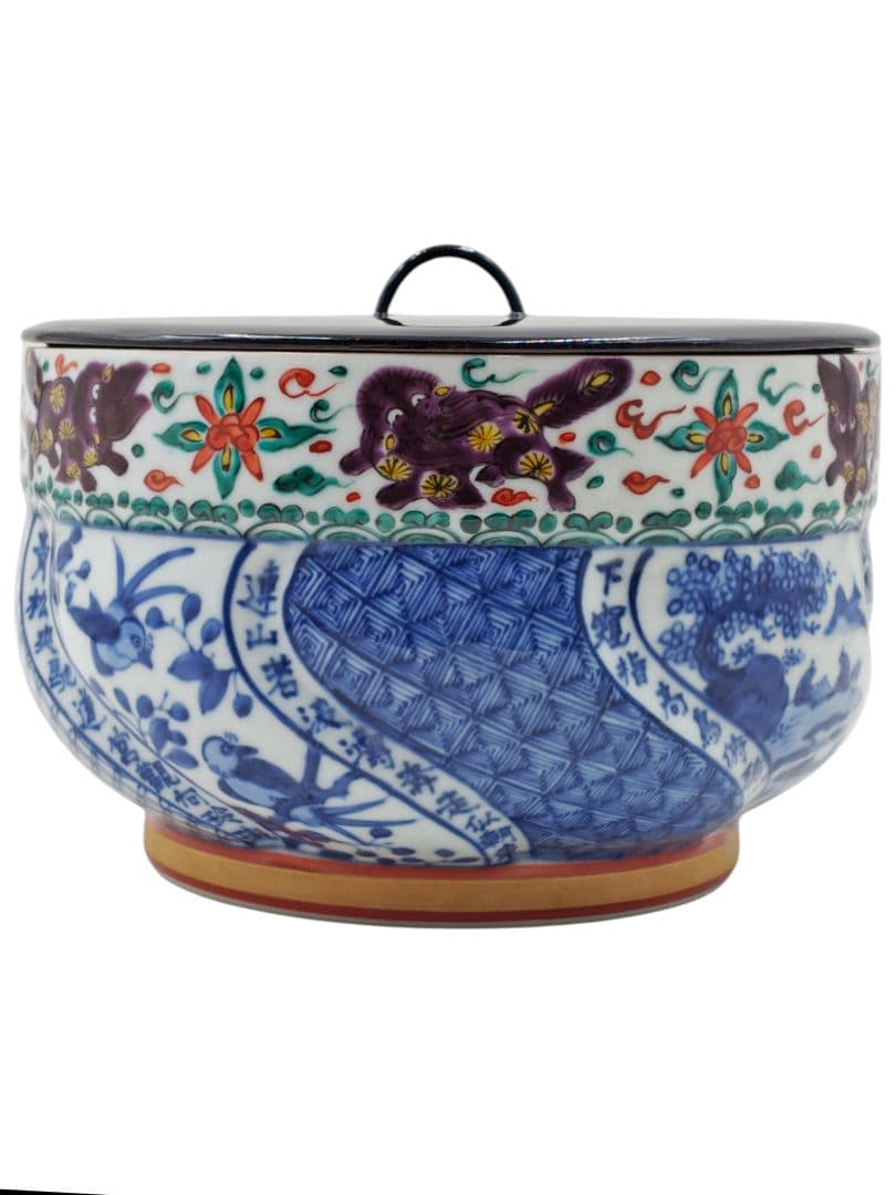 【五山窯・林淡幽】『一重口 色絵 捻 祥瑞 水指』底部在銘 桐共箱 共布 栞