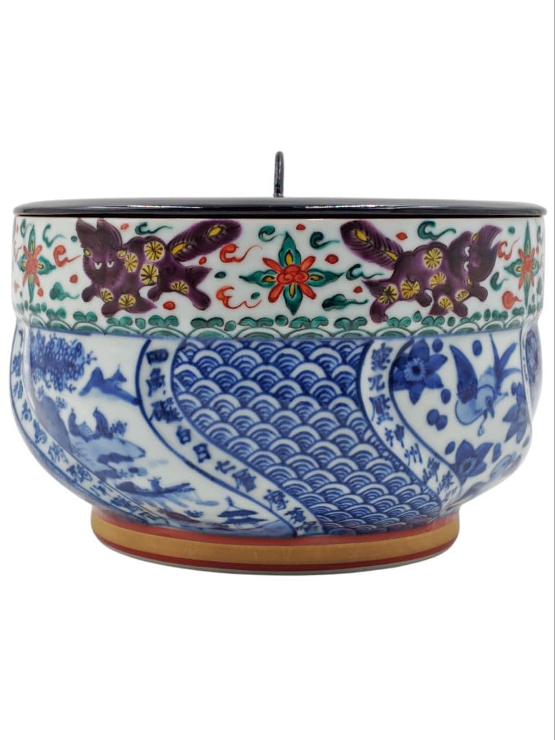 【五山窯・林淡幽】『一重口 色絵 捻 祥瑞 水指』底部在銘 桐共箱 共布 栞