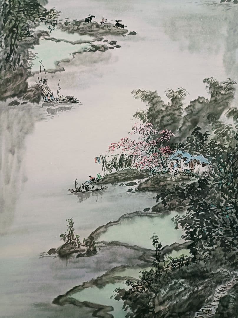 超希少 美品 中国 軸 開運 縁起物 絵 龍脈 金運 山水 花鳥 舟 美術 骨董