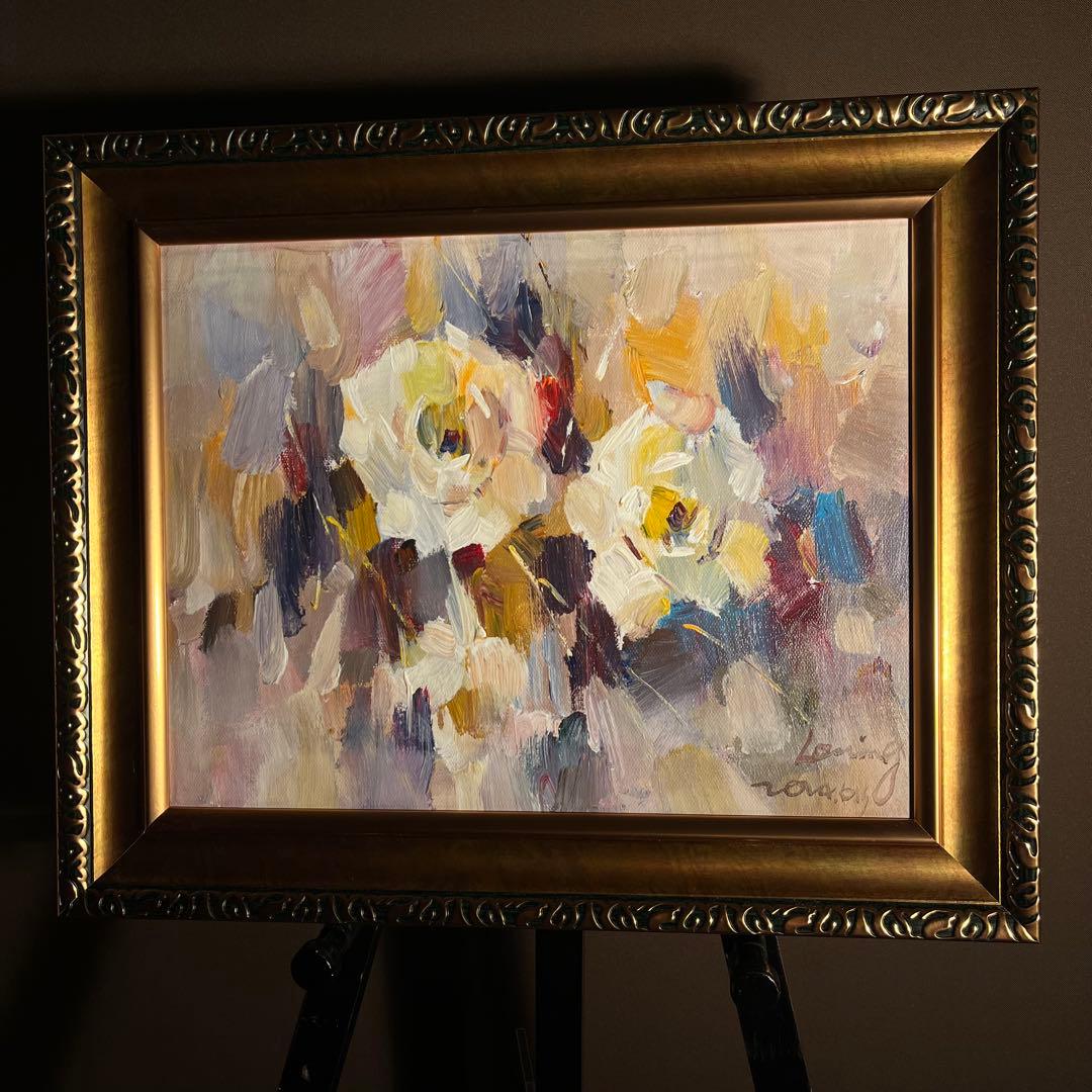 ★秀作★手書き油絵 白花 額付 絵画 インテリア 油彩画