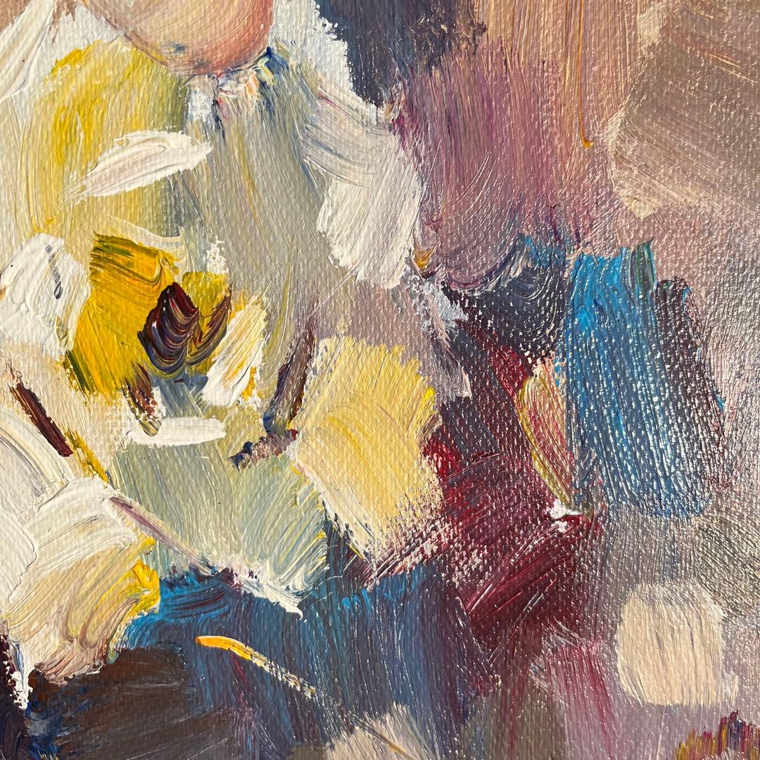 ★秀作★手書き油絵 白花 額付 絵画 インテリア 油彩画