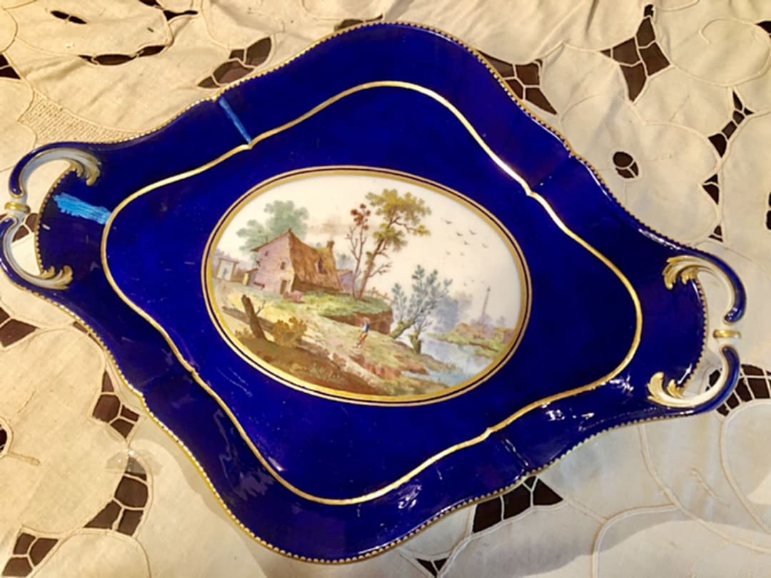 ☆1763年アンティークセーブル♪セーブルブルー金彩風景画☆透かしトレー飾り皿♪