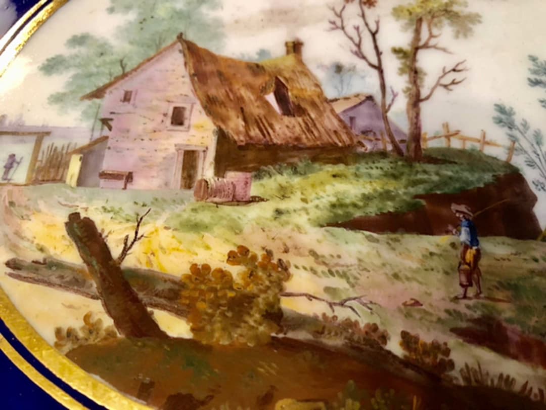 ☆1763年アンティークセーブル♪セーブルブルー金彩風景画☆透かしトレー飾り皿♪