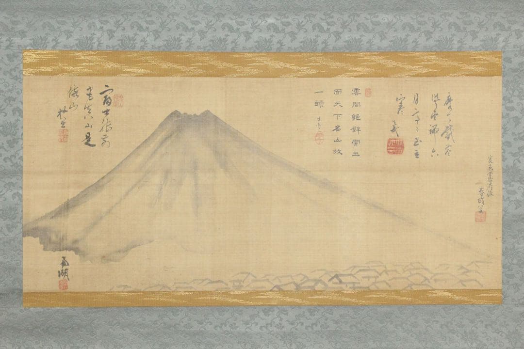 No5370掛軸　春城　南湖 他　富嶽画賛　絹本　山水　富士山　古美術　送料無料