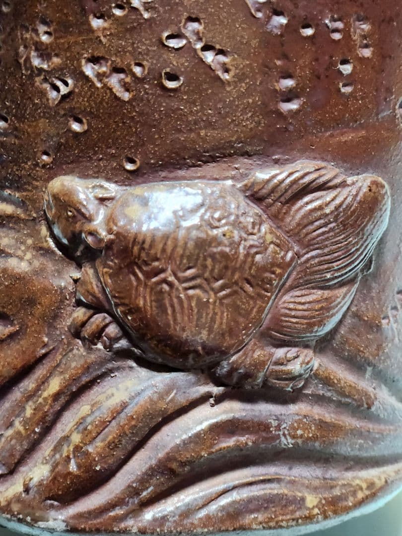 骨董品 古備前 置物 花生け 花瓶 松亀紋様 陶印あり 戦国時代？