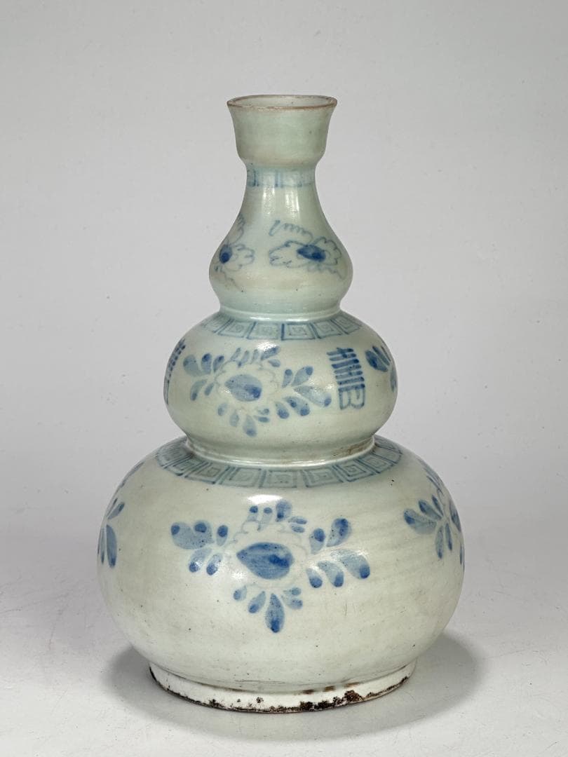 韓国美術　李朝時代　白磁　染付 青花　寿字文　花卉文　瓢箪瓶　花瓶 朝鮮古陶磁