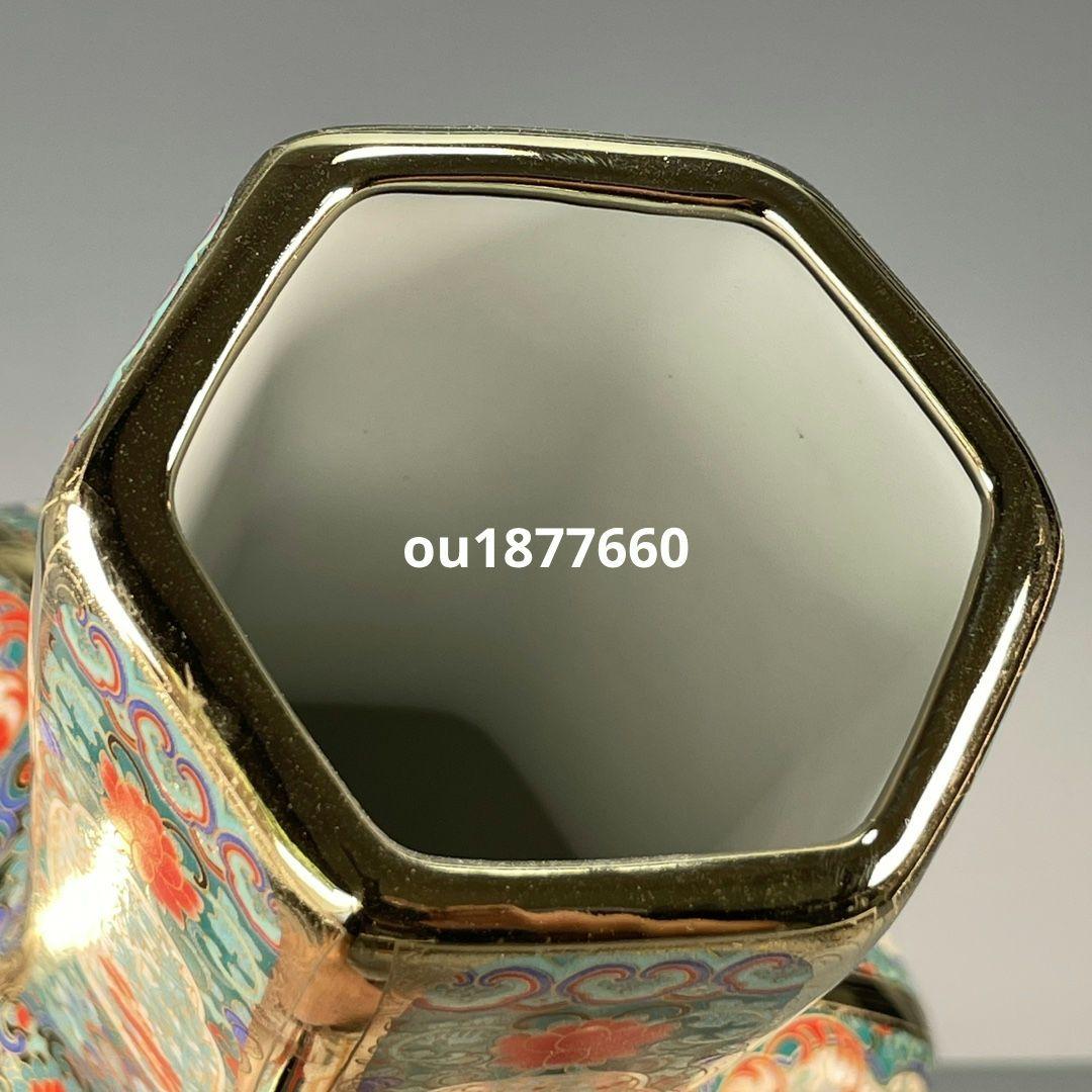 琺瑯彩六稜蒔金花鳥瓶 景徳鎮 陶磁器 装飾品 現代工芸品 美術品 置物