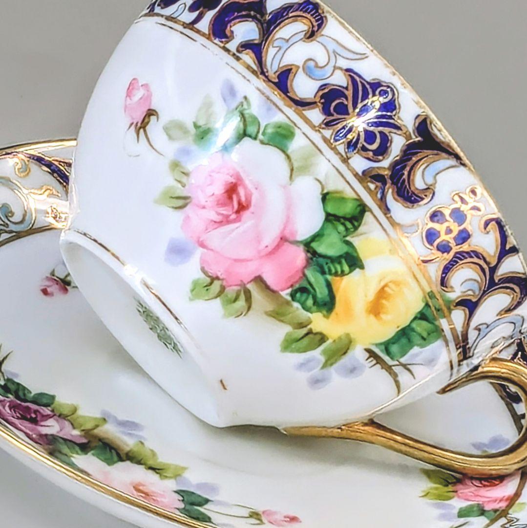 オールドノリタケ銘品!! 金彩藍帯薔薇図紋　キャビネットカップ＆ソーサー