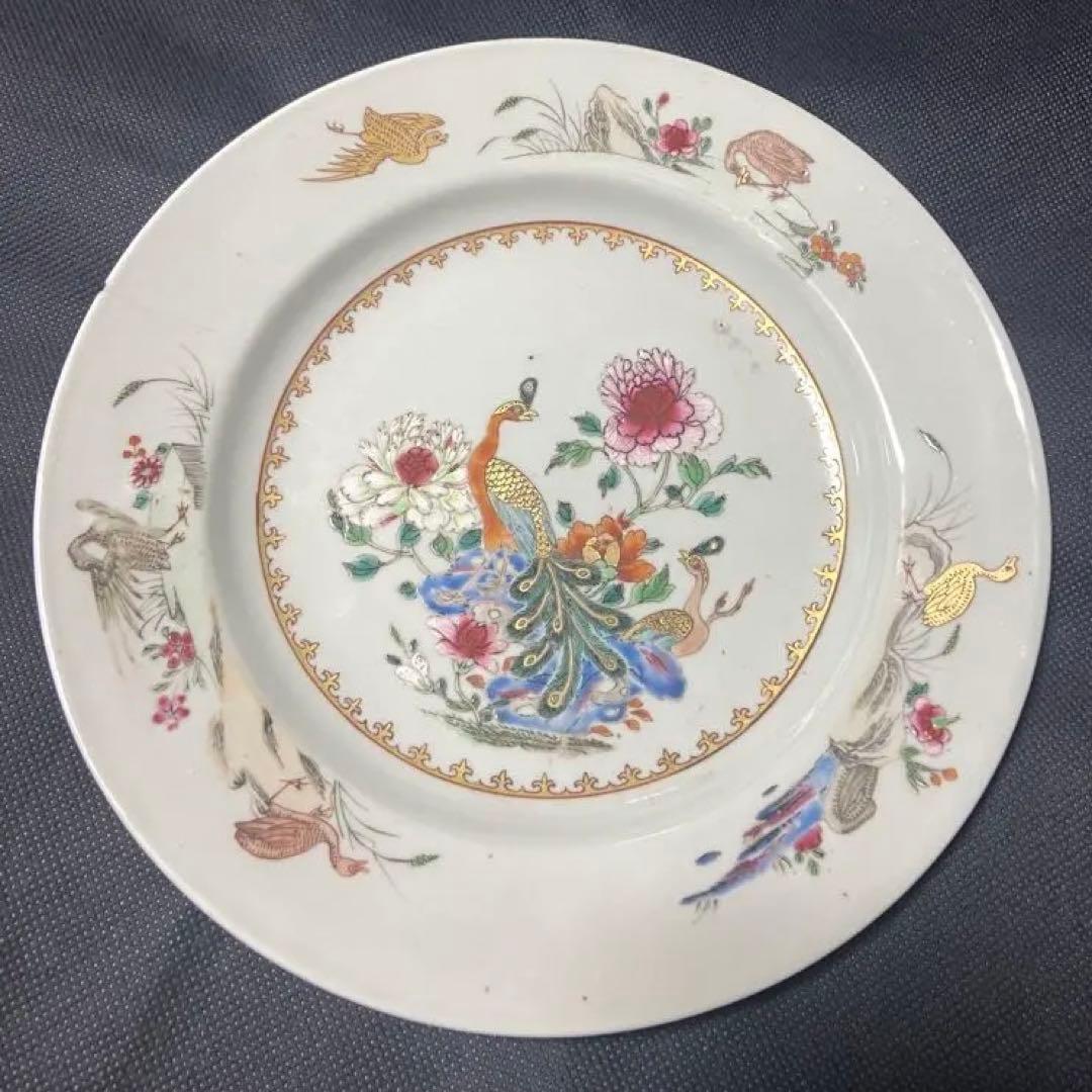 中国古美術品　清の乾隆時代　粉彩金彩孔雀中皿　本物保証　23cm
