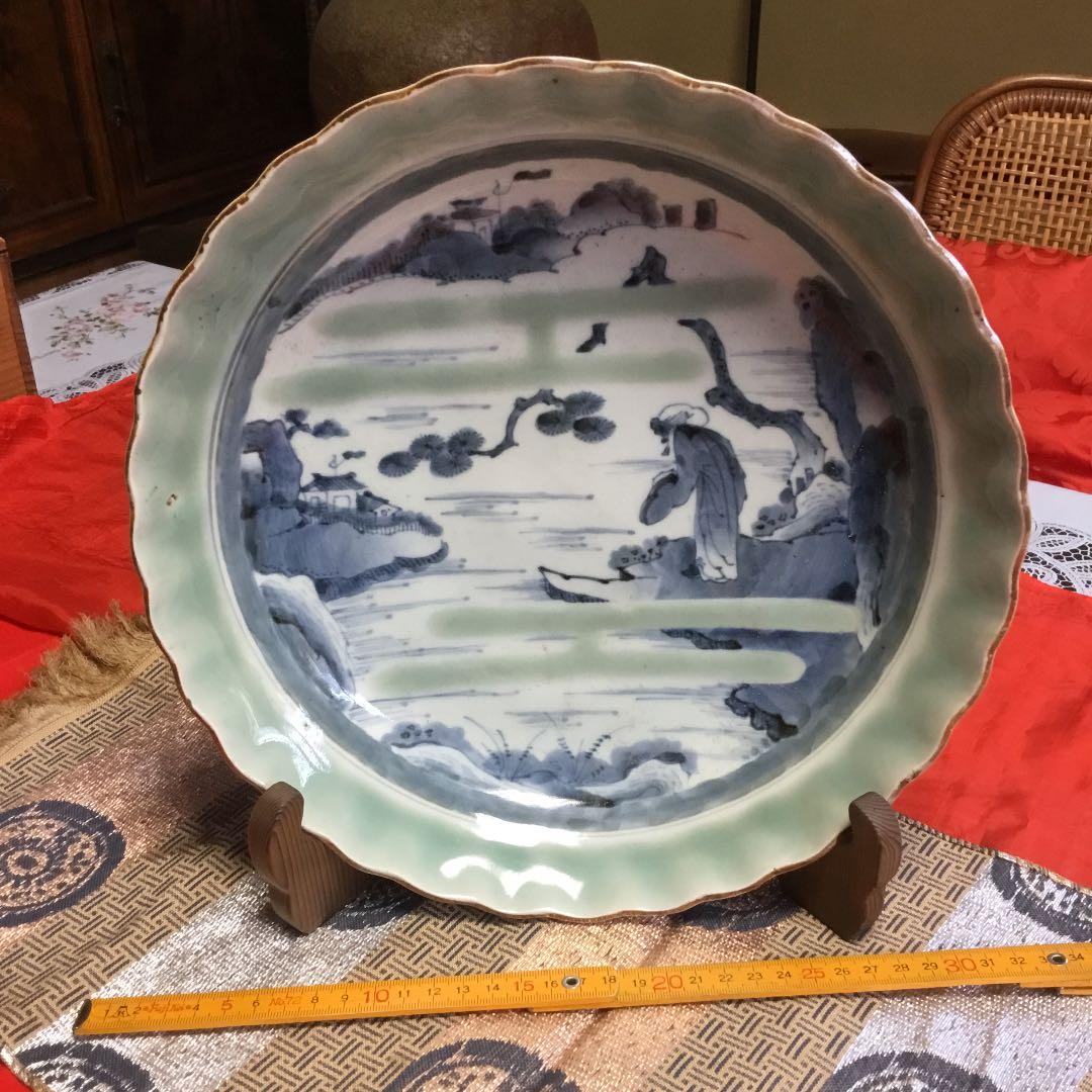 古伊万里 青磁 山水大皿 江戸時代