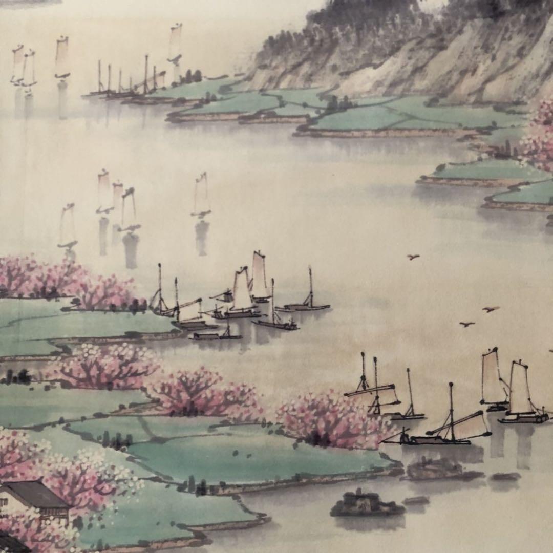 宋文治 花叢人家 掛け軸 中堂 山水画 中国画 表装済 サイズ：174×77cm