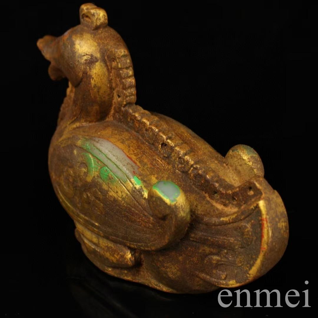 中国古美術・旧蔵白玉鎏金彩絵の鴨置物・置物・文房具・インテリア