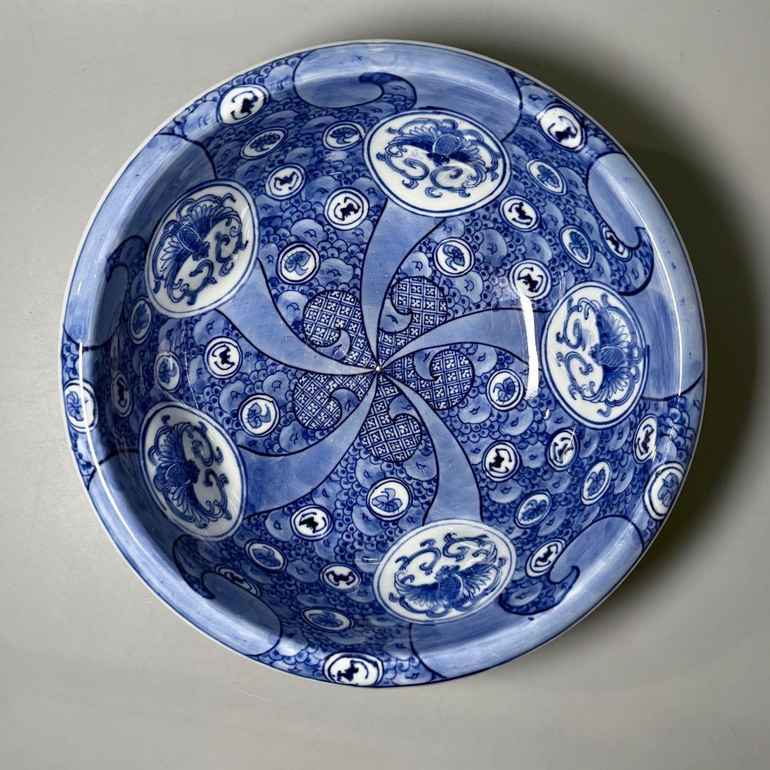 明治時代　大日本　肥碟山　山口製　染付祥瑞丸文様鉢　銘有り　直径26cm　名品