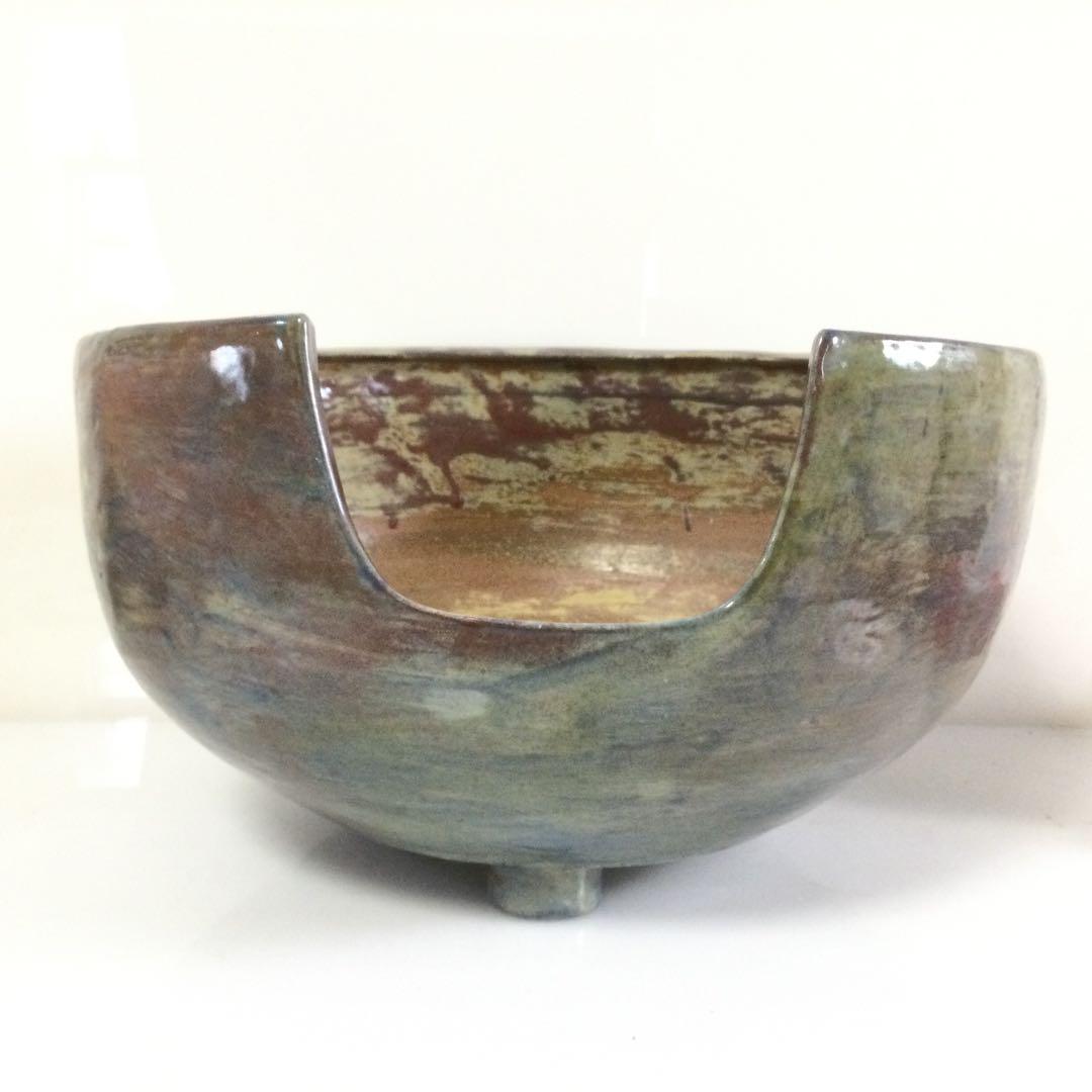 風炉火鉢 焼物 陶印有 底瓦付 茶道具 L194