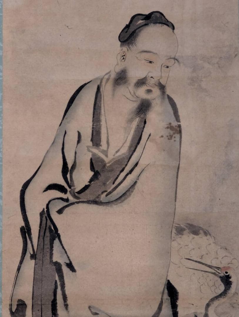 【真作】掛軸　高士図　鶴と仙人　品格漂う水墨人物画　気品ある筆致　T27