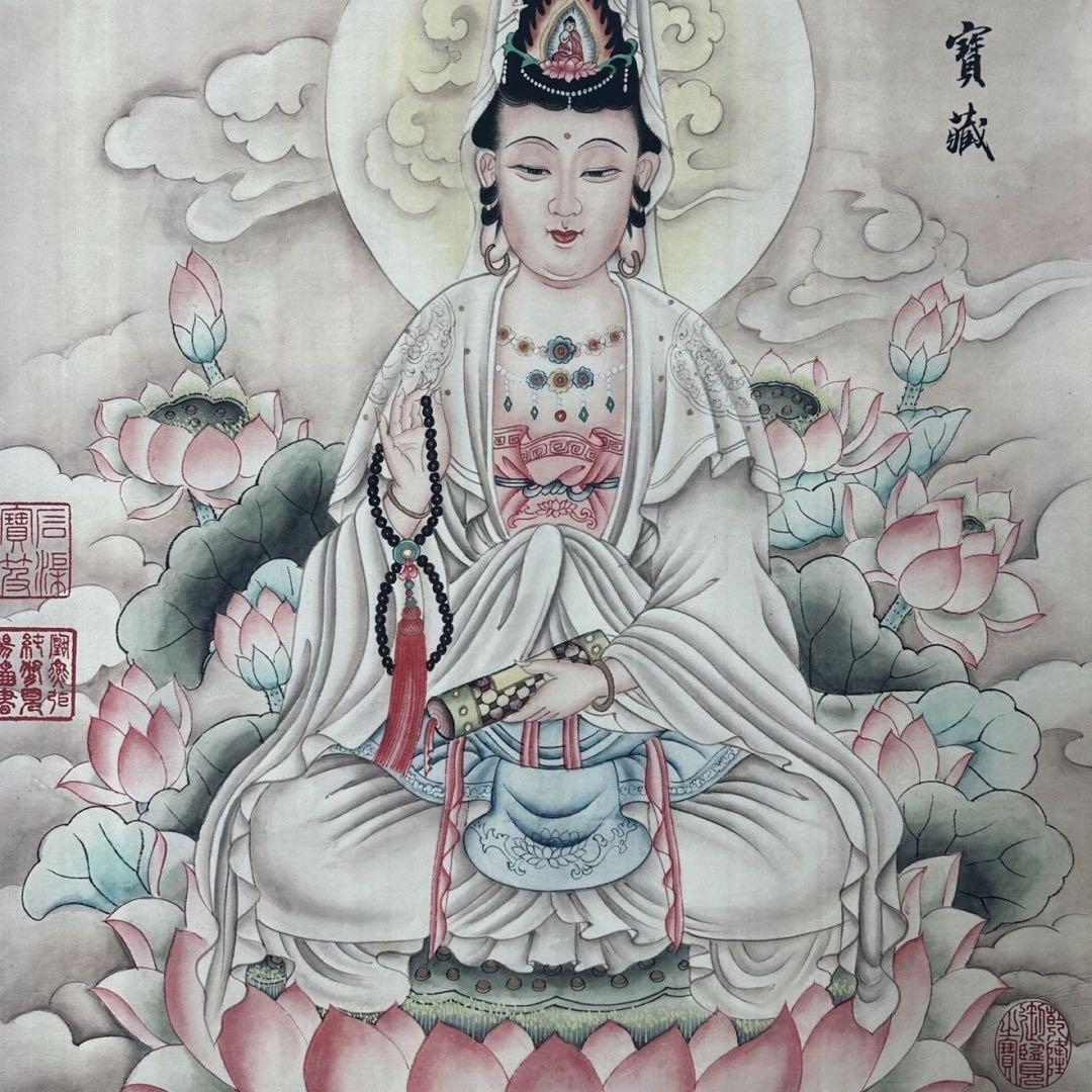 掛け軸 中堂 仇英 観音大士図 観音菩薩 仏画 佛画 蓮華 観音像 中国画
