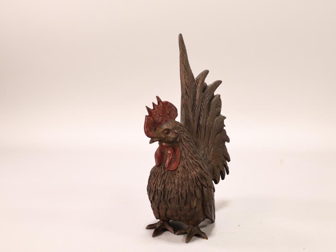 BK442　時代金工　古銅　双鶏　置物　ブロンズ　床飾り　金運　仕事運　子孫繁栄