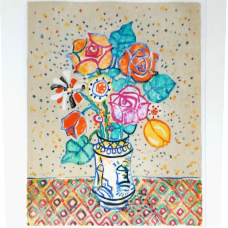 ☆アイズピリ☆「ベージュ背景のバラの花束」リトグラフ　大判新品額！