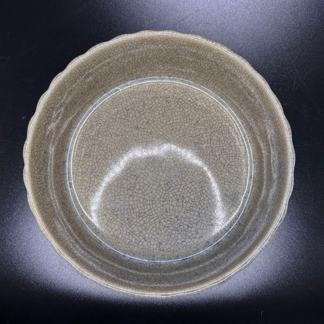 L113 汝磁開片レリーフバケツ型洗文房筆洗 骨董品