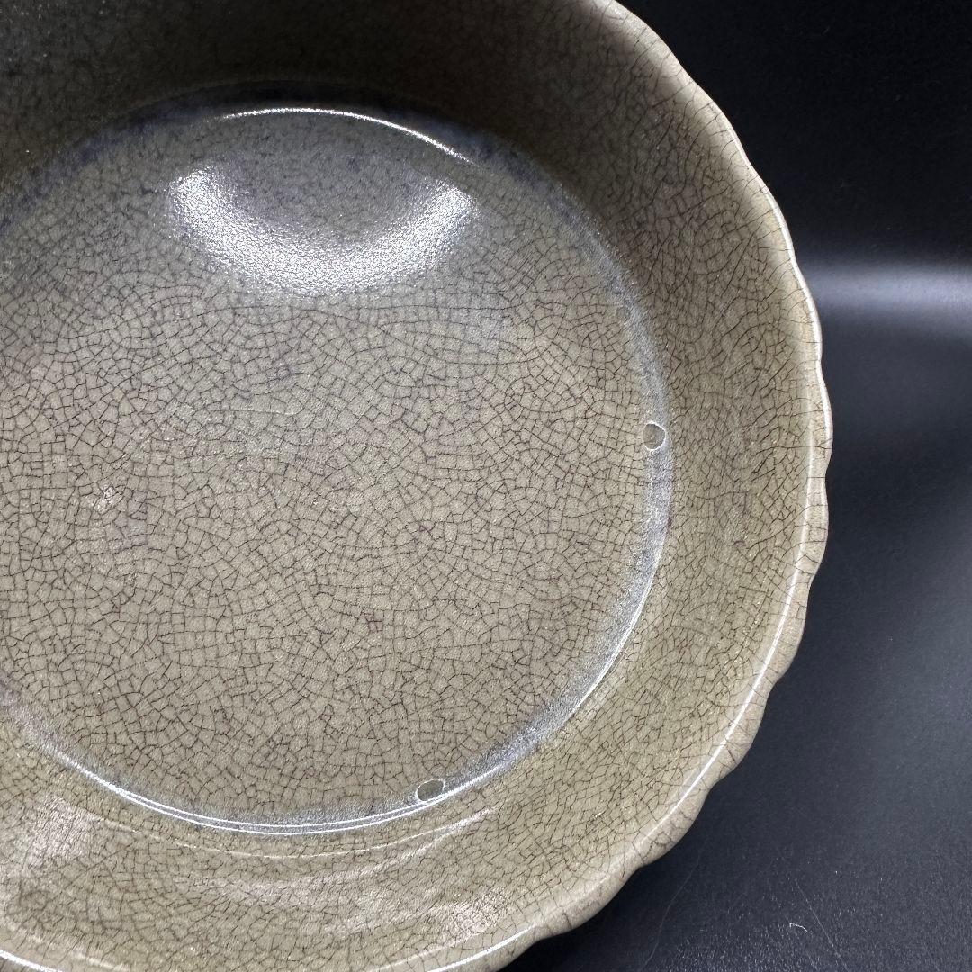 L113 汝磁開片レリーフバケツ型洗文房筆洗 骨董品