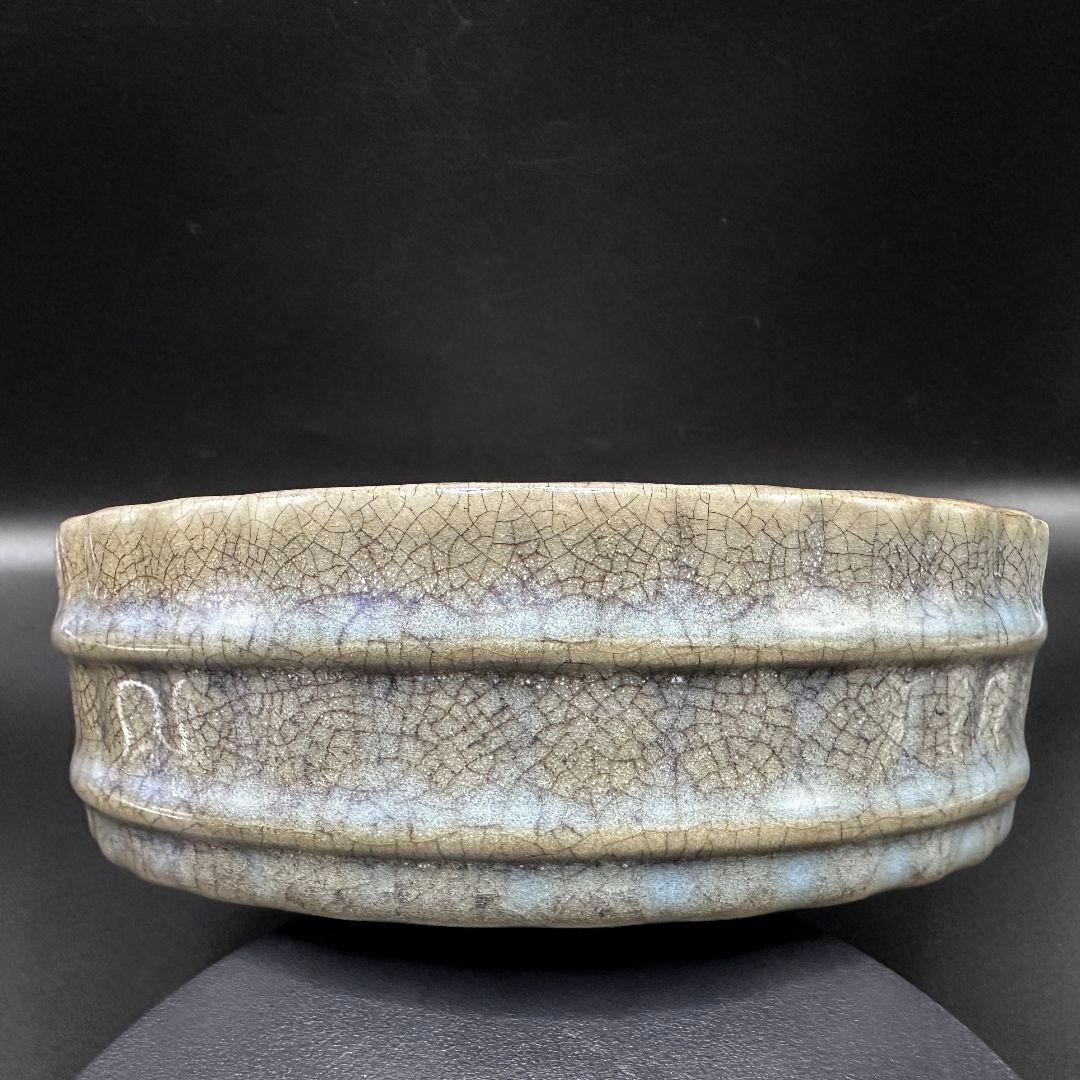 L113 汝磁開片レリーフバケツ型洗文房筆洗 骨董品