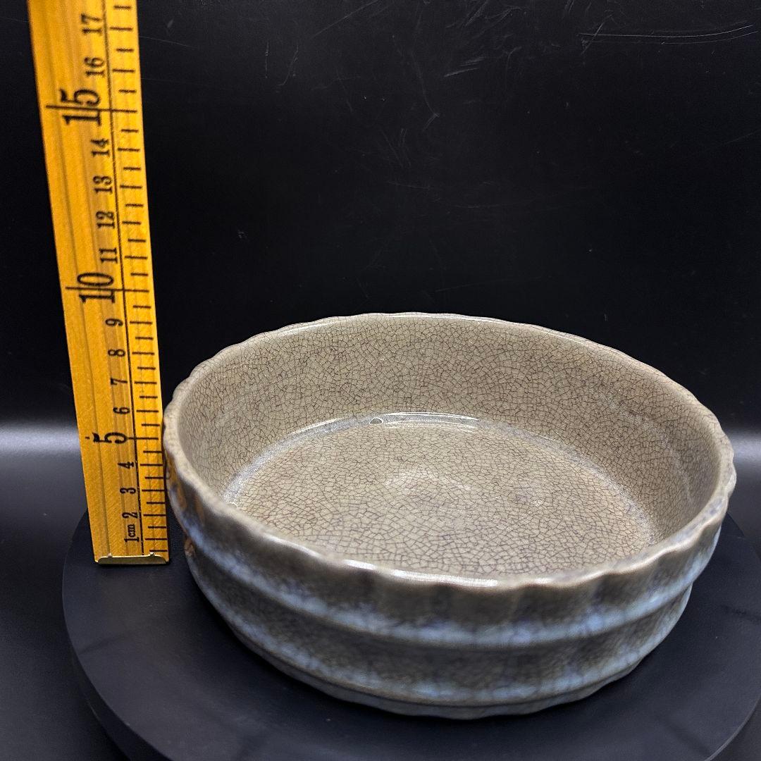 L113 汝磁開片レリーフバケツ型洗文房筆洗 骨董品