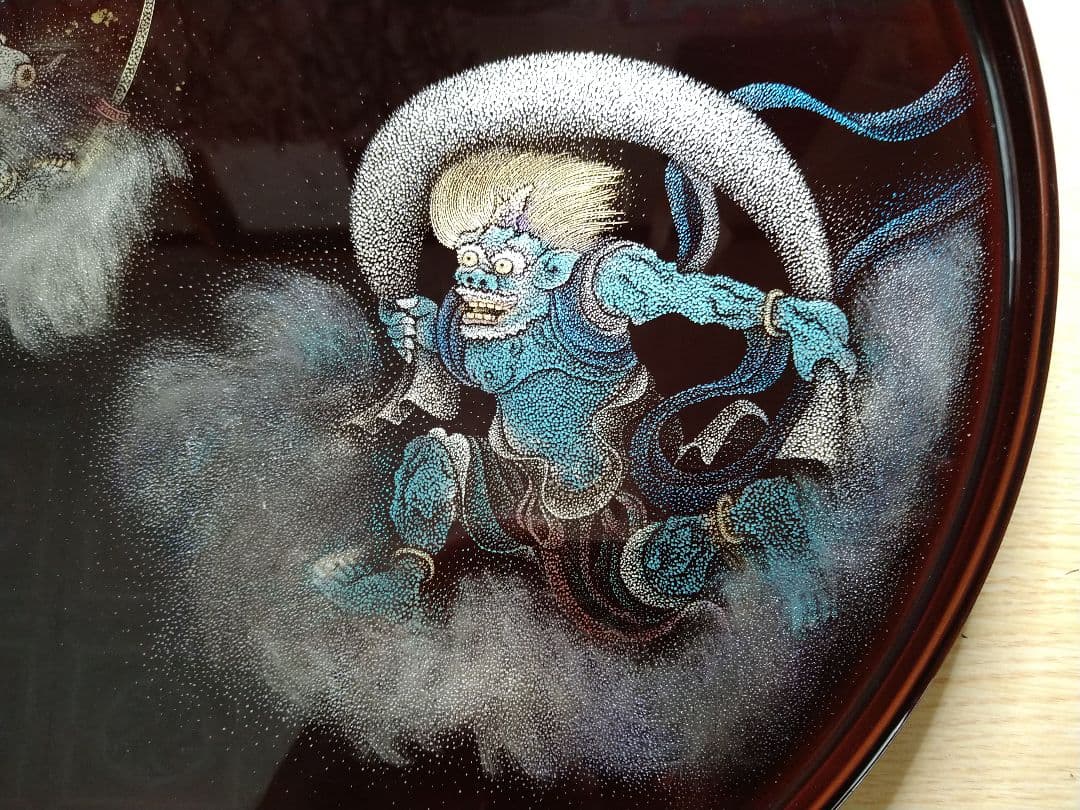 輪島塗沈金「風神雷神」半月盆